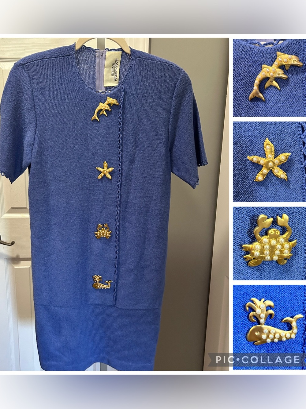 Steve Fabrikant VTG Santana Knit Dress Purple Blue Brooch Gold Pearl Nautical